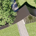 Modern Glass Entrance Gate Surrounded By Green Lawn And Trees With Stone Pathway