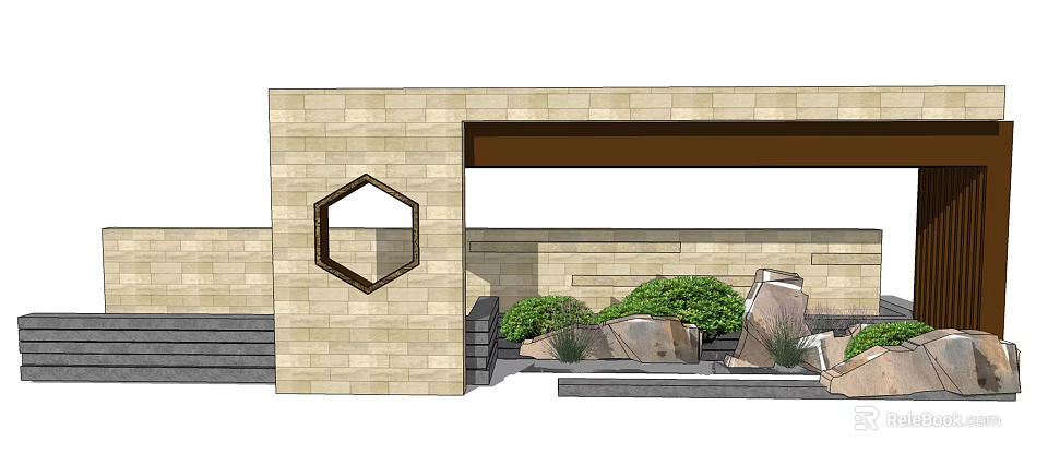 Garden Wall Featuring Light Colored Bricks Hexagonal Cutout Rectangular Opening Green Plants and Stones 3d model