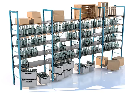 Blue Metal Storage Shelves with Bottles Cardboard Boxes and Wooden Crates 3d model