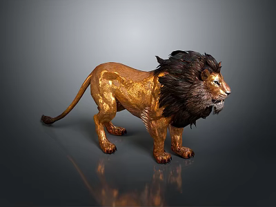 Golden Lion Sculpture With Dark Mane In Standing Pose On Shiny Black Background 3d model