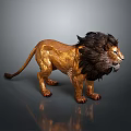 Golden Lion Sculpture With Dark Mane In Standing Pose On Shiny Black Background
