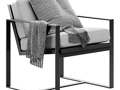 Modern Light Gray Armchair With Metal Frame Knitted Cushion And Tassel Blanket 3d model
