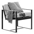 Modern Light Gray Armchair With Metal Frame Knitted Cushion And Tassel Blanket