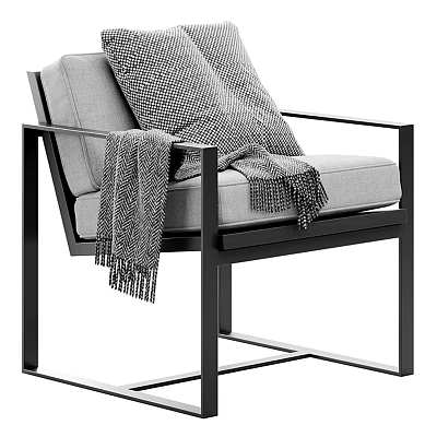 Modern Light Gray Armchair With Metal Frame Knitted Cushion And Tassel Blanket 3d model