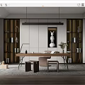 Modern Study Room Interior With Wooden Desk Bookshelves Hanging Lamp And Decorative Sculpture