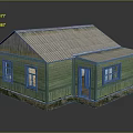 Green Wooden House With Metal Roof Windows Door And Surface Reflection