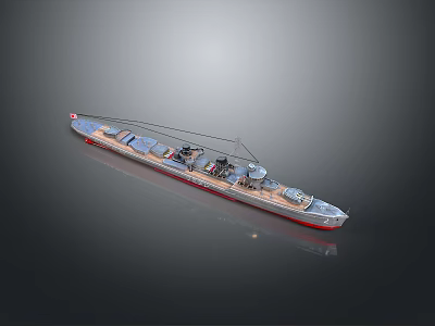 Detailed Scale Model Warship With Deck Turrets And Red Hull Design 3d model