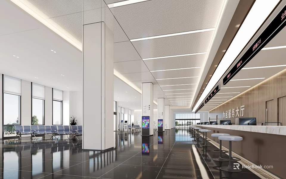 Modern Service Hall Interior With White Pillars Linear Ceiling Lights And Black Marble Floors 3d model 