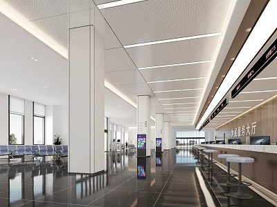 Modern Service Hall Interior With White Pillars Linear Ceiling Lights And Black Marble Floors 3d model
