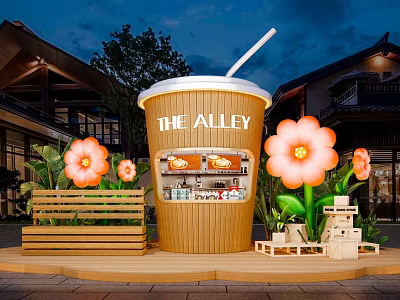 The Alley Beverage Shop With Cup Shaped Design Pink Flowers And Wooden Bench 3d model