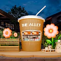 The Alley Beverage Shop With Cup Shaped Design Pink Flowers And Wooden Bench