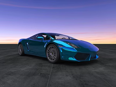 Blue Lamborghini Sports Car Parked On Open Ground Against Sunset Sky With Purple Pink Gradient 3d model