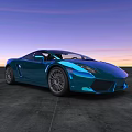 Blue Lamborghini Sports Car Parked On Open Ground Against Sunset Sky With Purple Pink Gradient