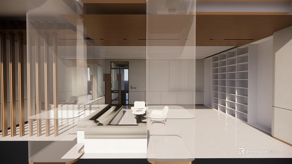 Modern Duplex Living Room Interior Design With Open Layout White Walls And Wooden Bookshelf Sofa 3d model 