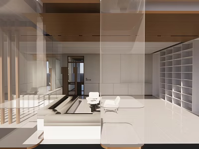 Modern Duplex Living Room Interior Design With Open Layout White Walls And Wooden Bookshelf Sofa 3d model