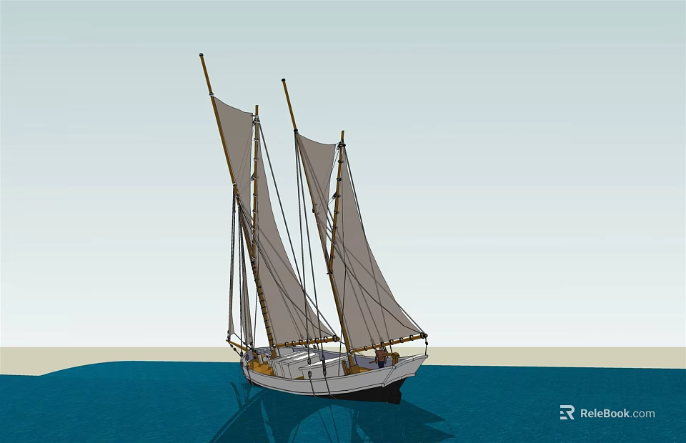 Traditional Two Mast Sailboat With Raised Sails On Calm Blue Water 3d model 