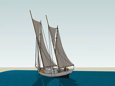 Traditional Two Mast Sailboat With Raised Sails On Calm Blue Water 3d model