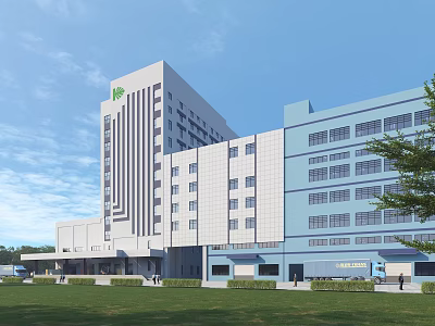 Modern Multi Storey Industrial Factory Building With Large Windows Lawn And Trees 3d model