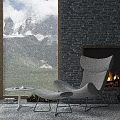 Modern Upholstered Leisure Chair by Stone Wall Fireplace with Mountain View