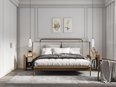 Modern Bedroom Interior With Wooden Bed Pendant Lights Nightstands And Decorative Artwork 3d model