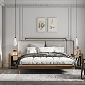 Modern Bedroom Interior With Wooden Bed Pendant Lights Nightstands And Decorative Artwork