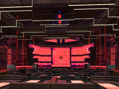 Futuristic Bar Interior Design With Geometric LED Light Fixtures Red Backdrop And Seating Areas 3d model