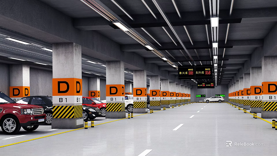 Parking Lot With Orange B1 D1 Signs Yellow Black Warning Stripes And Direction Indicators 3d model 