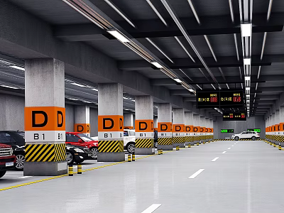 Parking Lot With Orange B1 D1 Signs Yellow Black Warning Stripes And Direction Indicators 3d model