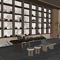 Elegant Traditional Tea House Interior With Wooden Table Tea Sets Stools and Shelves