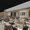 Modern Restaurant Interior With Wooden Tables Chairs Decorative Painting And Ceiling Lights