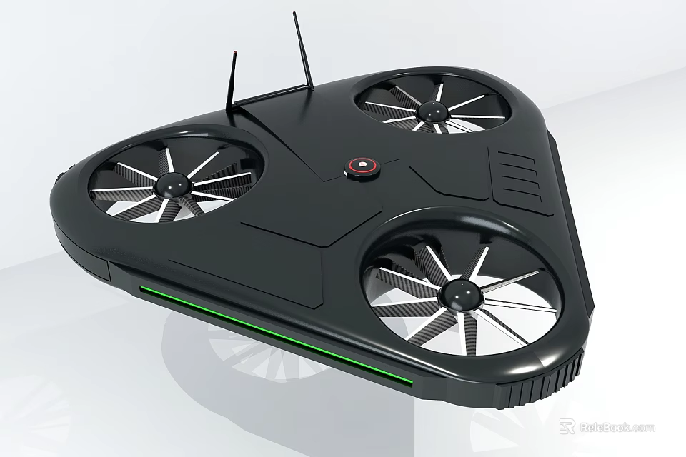 Smart Drone With Three Propellers Black Body Antennas And Green Accent 3d model 