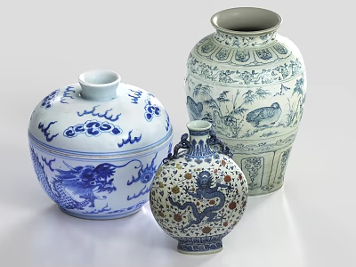 Blue And White Porcelain Vases With Dragon And Floral Patterns In Various Shapes 3d model