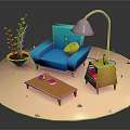 Cartoon Scene With Blue Sofa Yellow Cushion White Floor Lamp And Brown Coffee Table