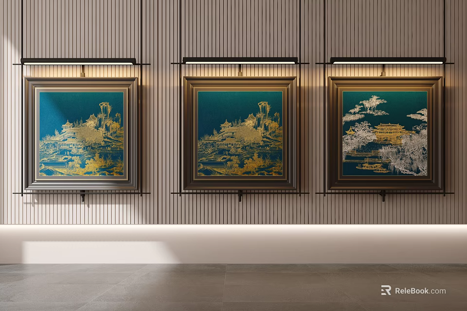 Three Chinese Style Landscape Paintings With Blue Background And Golden Patterns 3d model 
