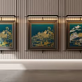 Three Chinese Style Landscape Paintings With Blue Background And Golden Patterns 3d model