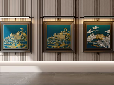 Three Chinese Style Landscape Paintings With Blue Background And Golden Patterns 3d model