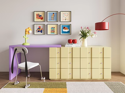 Dopamine Dressing Table Modern Dressing Table Dressing Table Makeup Stool Desk Chair Dopamine Decorative Painting Single Chair Vase Flower Art 3d model