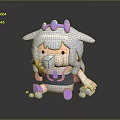 Cute Cartoon Character With White And Purple Fur Purple Horns Holding Ice Cream Sitting Pose