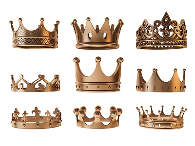 Golden Crown Jewelry Pieces With Various Designs Decorative Details And Different Shapes 3d model