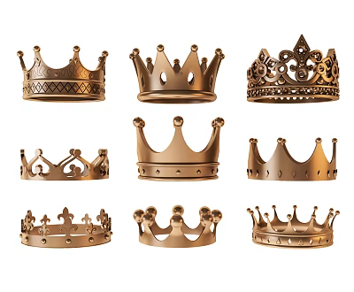Golden Crown Jewelry Pieces With Various Designs Decorative Details And Different Shapes 3d model