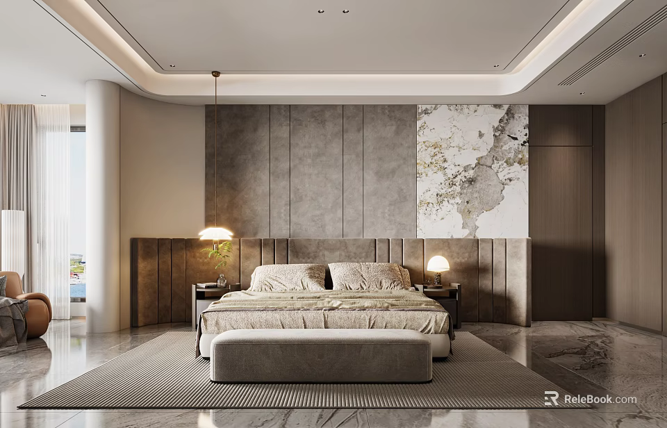 Modern Bedroom Interior Design With King Bed Headboard Nightstands Lamps And Decorative Painting 3d model 