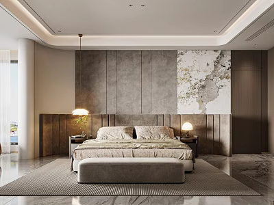 Modern Bedroom Interior Design With King Bed Headboard Nightstands Lamps And Decorative Painting 3d model