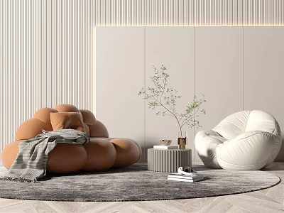Leisure Sofa Set With Brown White Round Design Sofas Small Coffee Table Plant And Rug 3d model