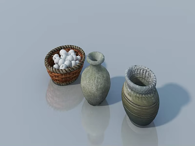 Classic Swing Door Design with Wicker Basket White Balls and Clay Vases on Gray Background 3d model