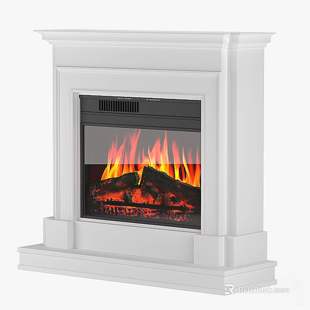 White Fireplace With Glass Front Burning Flames And Log Effect Interior Design 3d model 