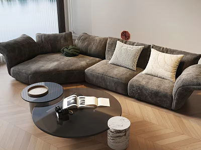 Modern Gray L-shaped Sofa and Coffee Table Set With Decorative Pillows and Round Black Table 3d model