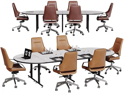 Round Conference Table With Brown Wheeled Chairs Laptop And Water Glasses 3d model