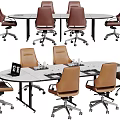 Round Conference Table With Brown Wheeled Chairs Laptop And Water Glasses