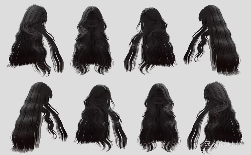 Trendy Black Long Hair Wigs Collection With Multiple Styles And Designs 3d model 