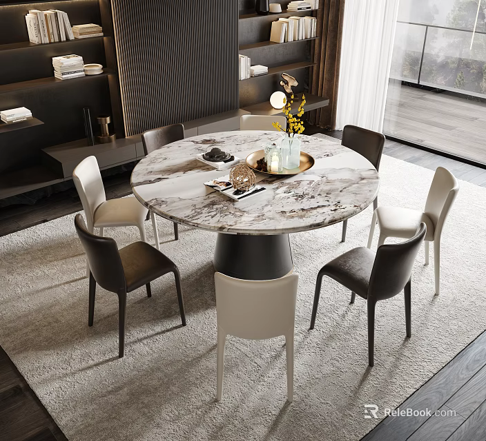 Modern Round Marble Dining Table Set With Six Black And White Chairs And Flower Vase 3d model 